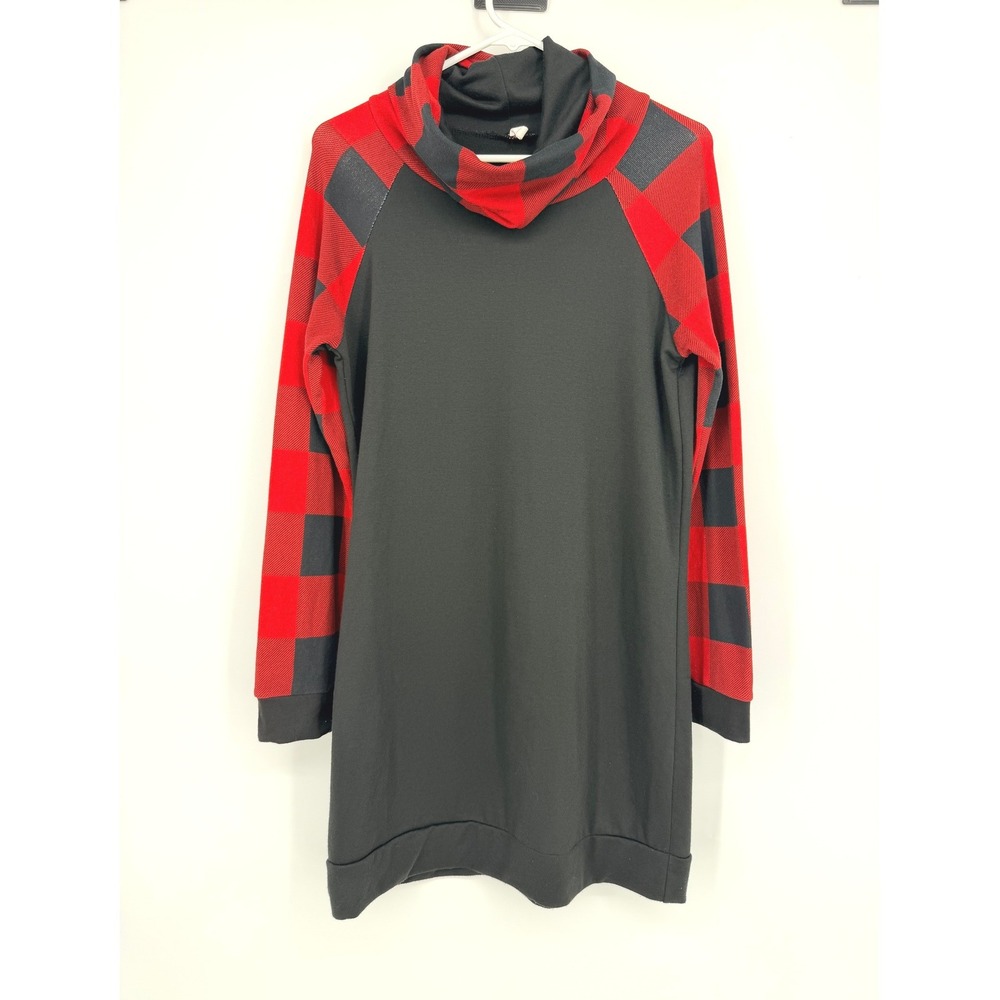 PinkBlush Maternity Cowl Neck Dress Buffalo Plaid Elbow Patch Black Red S